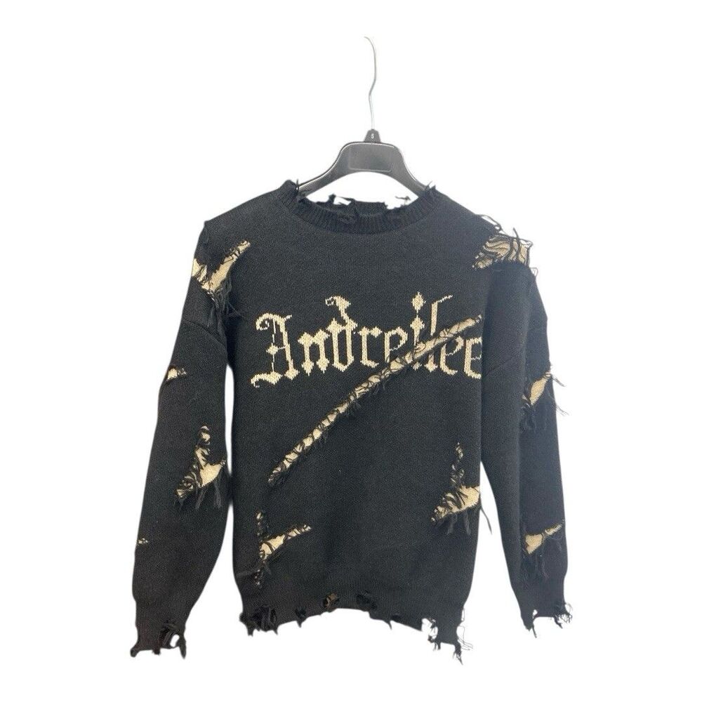 Andreilee Black Distressed Shredded Crewneck Sweater Mens L